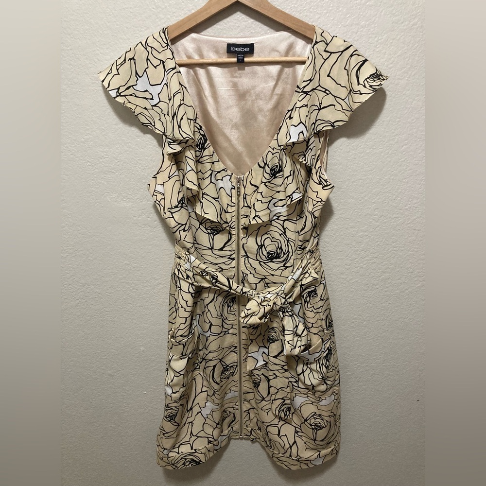 Vintage Y2K bebe Cream Floral Mini Dress Size Large Boho Feminine Ruffles